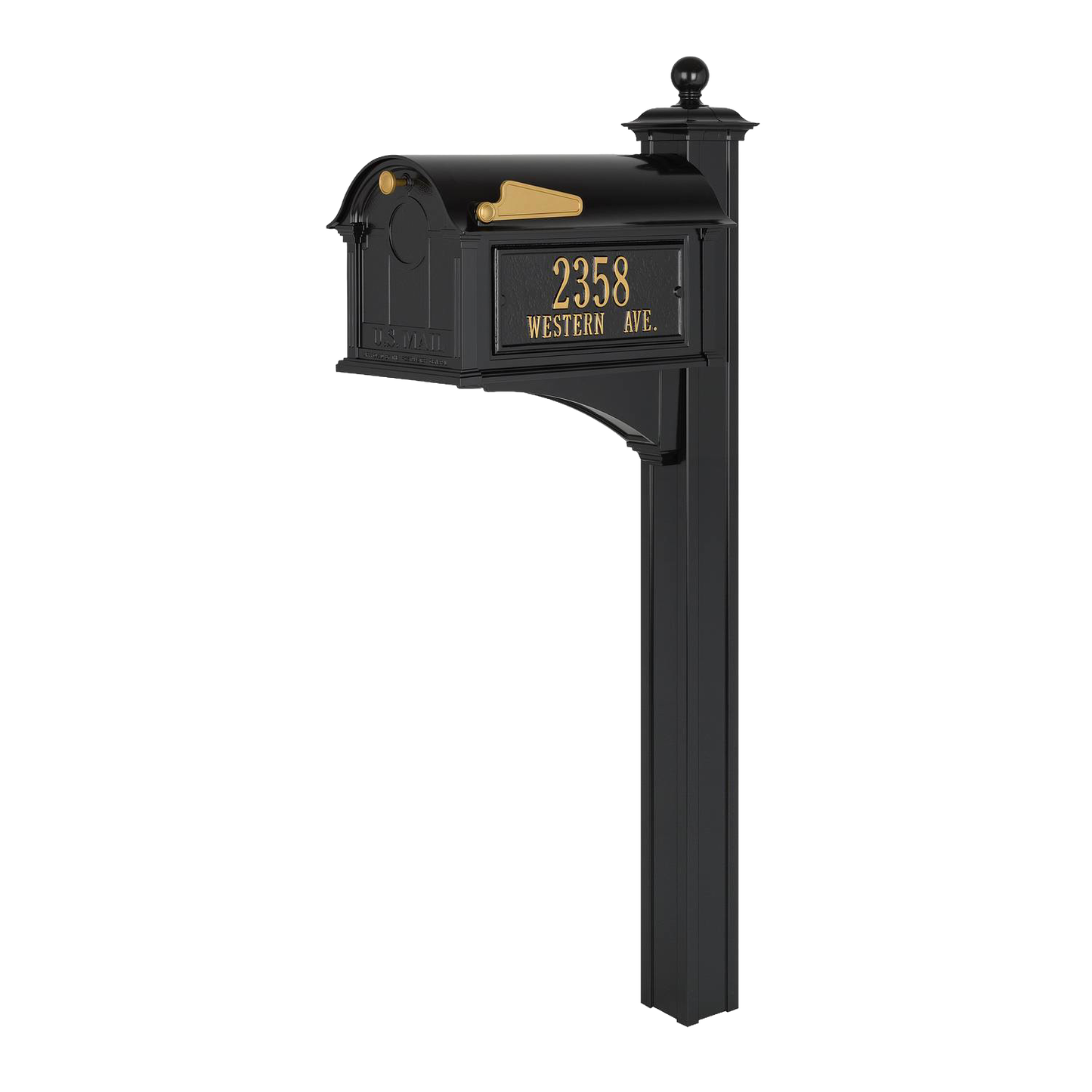 Handcrafted black and gold custom mailbox with post, featuring personalized street address, designed for curb appeal and durability, part of Home & Decor, Household Helpers, USA Made, and Best Sellers collections.