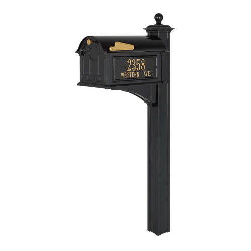 Handcrafted black and gold custom mailbox with post, featuring personalized street address, designed for curb appeal and durability, part of Home & Decor, Household Helpers, USA Made, and Best Sellers collections.