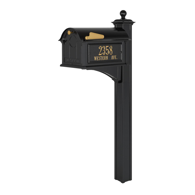 Handcrafted black and gold custom mailbox with post, featuring personalized street address, designed for curb appeal and durability, part of Home & Decor, Household Helpers, USA Made, and Best Sellers collections.