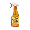 Clear spray bottle of handcrafted orange oil wood polish made in USA, conditioning and enhancing wood surfaces with a natural glow, ideal for home decor and cleaning collections.