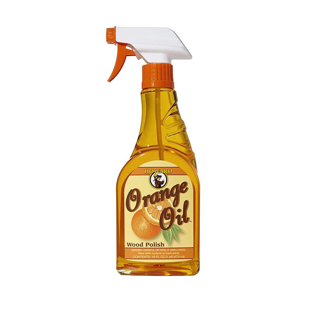 Clear spray bottle of handcrafted orange oil wood polish made in USA, conditioning and enhancing wood surfaces with a natural glow, ideal for home decor and cleaning collections.