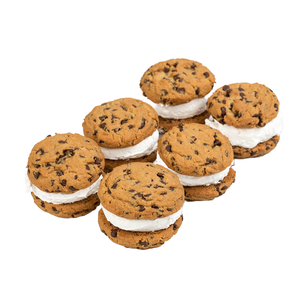 Five handcrafted chocolate chip whoopie pies with soft cookies and fluffy white filling, made in USA, perfect for Kitchen & Food, Snacks and Sweets, Best Sellers, and Promo Eligible collections.