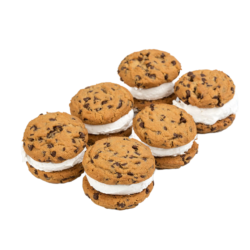 Five handcrafted chocolate chip whoopie pies with soft cookies and fluffy white filling, made in USA, perfect for Kitchen & Food, Snacks and Sweets, Best Sellers, and Promo Eligible collections.