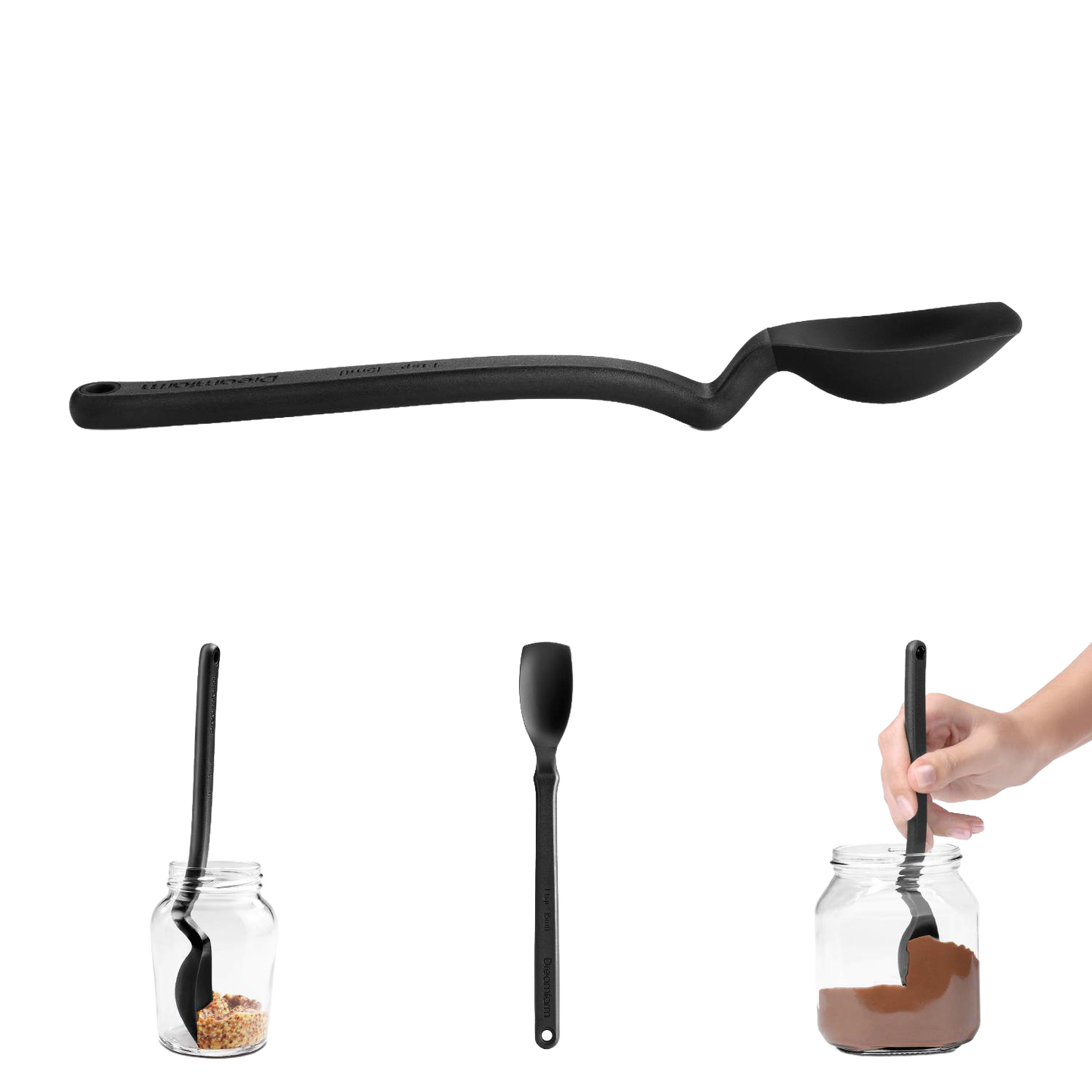 Flexible black silicone spoon with an angled handle designed for scraping and measuring, shown with jars for cooking and baking in Kitchen & Food and Measuring collections.