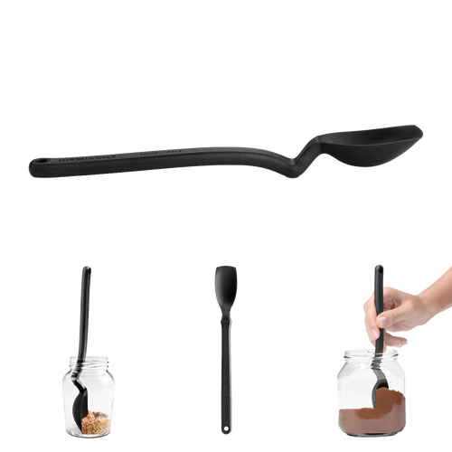 Flexible black silicone spoon with an angled handle designed for scraping and measuring, shown with jars for cooking and baking in Kitchen & Food and Measuring collections.