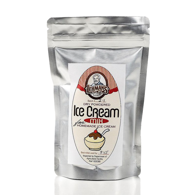 Silver resealable pouch of handcrafted powdered ice cream mix made in USA, featured in Kitchen & Food, Dry Goods and Mixes, Specialty Equipment, Making Ice Cream, Best Sellers, and Promo Eligible collections.