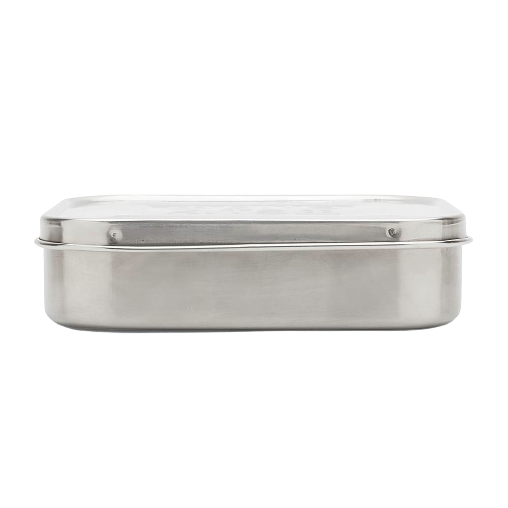 Rectangular stainless steel snack container with a secure, easy-open lid, designed for reusable, eco-friendly food storage in Kitchen & Food and Storage and Serving collections.