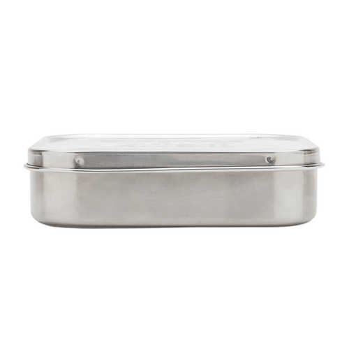 Rectangular stainless steel snack container with a secure, easy-open lid, designed for reusable, eco-friendly food storage in Kitchen & Food and Storage and Serving collections.