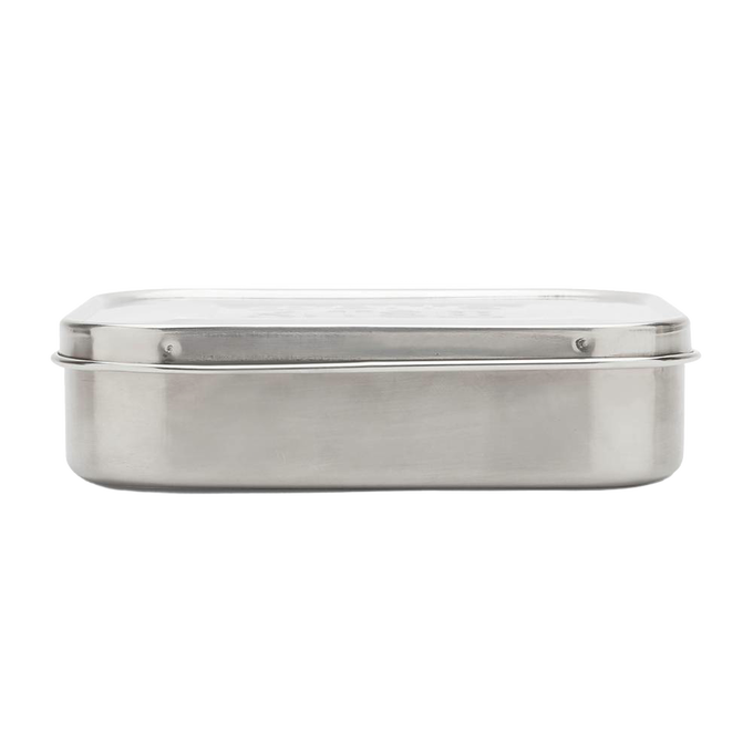 Rectangular stainless steel snack container with a secure, easy-open lid, designed for reusable, eco-friendly food storage in Kitchen & Food and Storage and Serving collections.