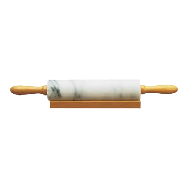 Heavy marble rolling pin with smooth wooden handles resting on a wooden stand, designed to make rolling dough easier, featured in Kitchen & Food, Cookware, Baking Supplies, and Best Sellers collections.
