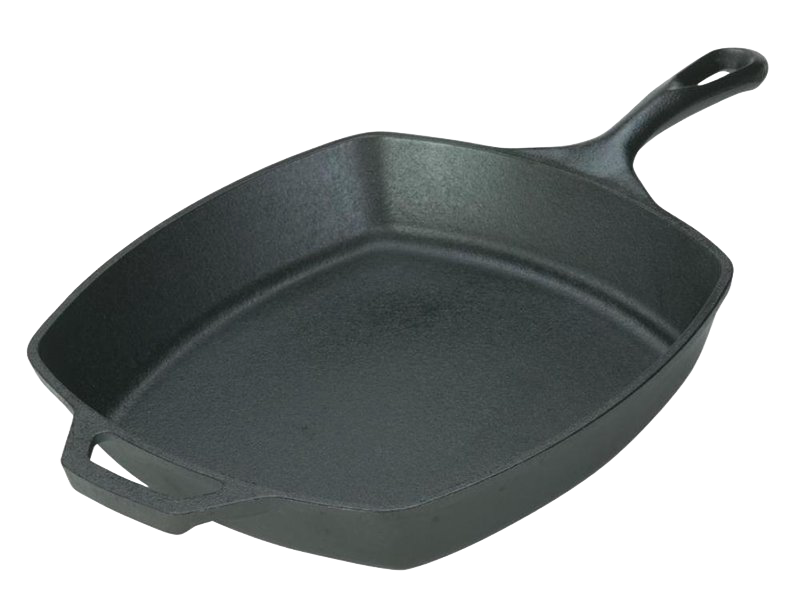 Handcrafted cast iron square skillet with seasoned surface, sturdy handle, and helper grip, ideal for Kitchen & Food, Cookware, Cast Iron, USA Made, Best Sellers, and Promo Eligible collections.