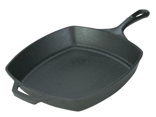 Handcrafted cast iron square skillet with seasoned surface, sturdy handle, and helper grip, ideal for Kitchen & Food, Cookware, Cast Iron, USA Made, Best Sellers, and Promo Eligible collections.