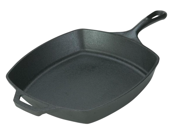 Handcrafted cast iron square skillet with seasoned surface, sturdy handle, and helper grip, ideal for Kitchen & Food, Cookware, Cast Iron, USA Made, Best Sellers, and Promo Eligible collections.