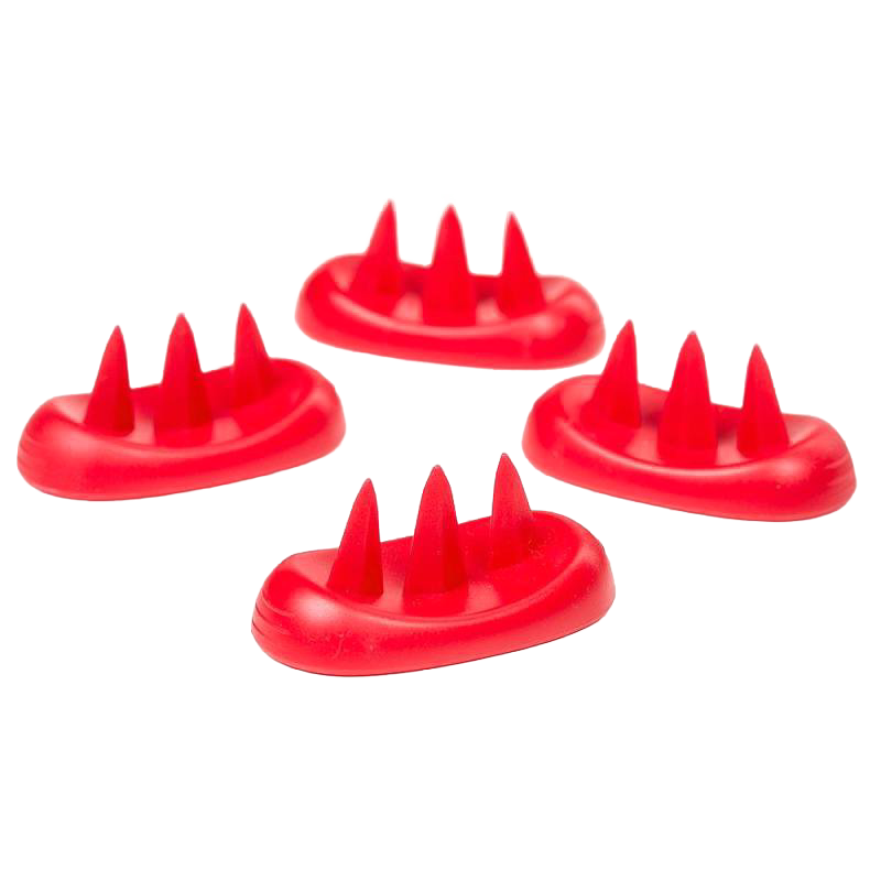 Set of four red plastic potato feet with prongs, designed for standing potatoes upright to ensure even cooking in microwave, featured in Kitchen & Food and Kitchen Gadgets collections.