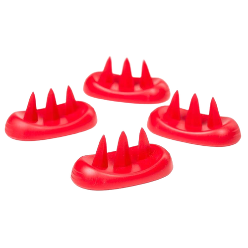 Set of four red plastic potato feet with prongs, designed for standing potatoes upright to ensure even cooking in microwave, featured in Kitchen & Food and Kitchen Gadgets collections.