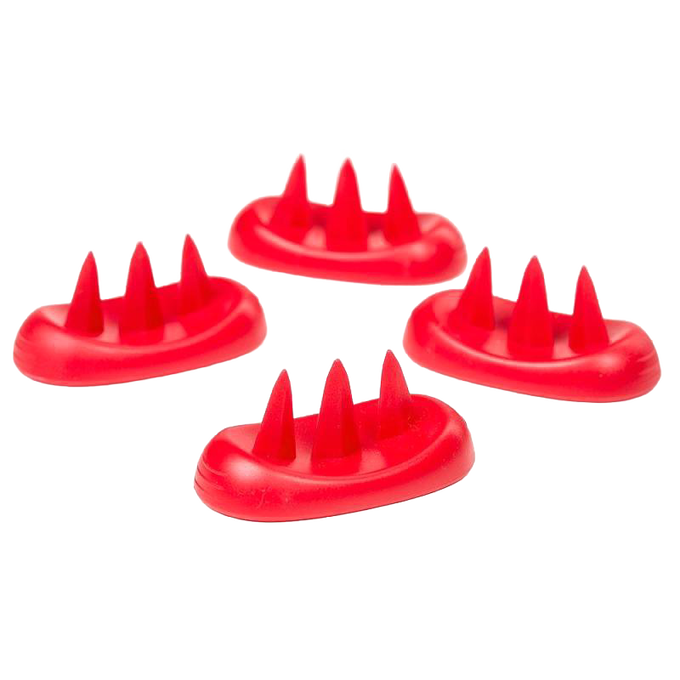 Set of four red plastic potato feet with prongs, designed for standing potatoes upright to ensure even cooking in microwave, featured in Kitchen & Food and Kitchen Gadgets collections.