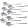 Set of eight handcrafted stainless steel soup spoons with extra-wide round bowls and smooth handles, designed for Kitchen & Food, Dinnerware, Soups, Best Sellers, and Promo Eligible collections.