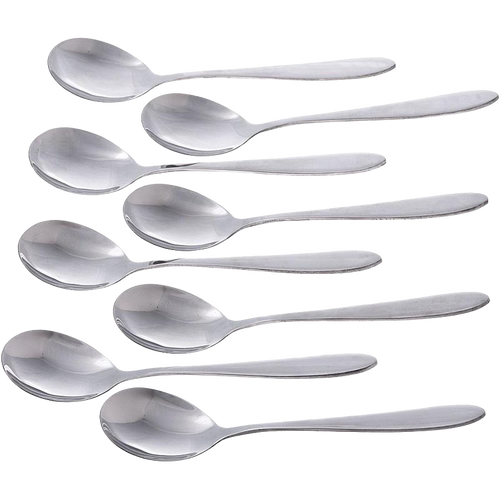 Set of eight handcrafted stainless steel soup spoons with extra-wide round bowls and smooth handles, designed for Kitchen & Food, Dinnerware, Soups, Best Sellers, and Promo Eligible collections.