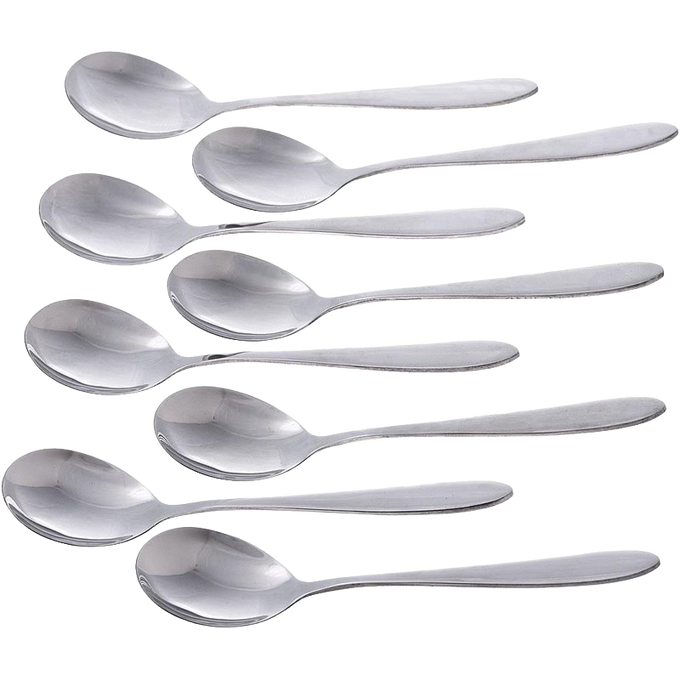 Set of eight handcrafted stainless steel soup spoons with extra-wide round bowls and smooth handles, designed for Kitchen & Food, Dinnerware, Soups, Best Sellers, and Promo Eligible collections.