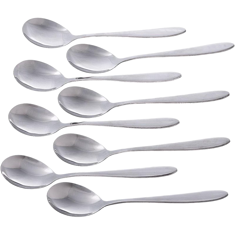 Set of eight handcrafted stainless steel soup spoons with extra-wide round bowls and smooth handles, designed for Kitchen & Food, Dinnerware, Soups, Best Sellers, and Promo Eligible collections.