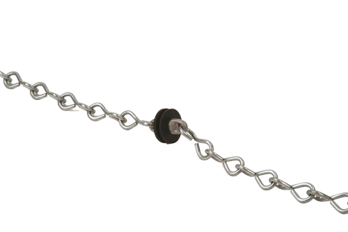 Rustproof aluminum link chain with a black rubber disc featuring twin flanges for watertight sealing, designed for use in water pumps, appliances, and pump parts collections.