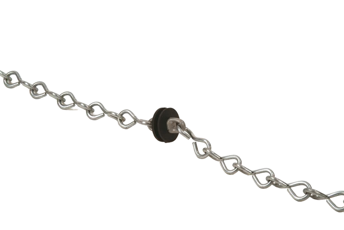 Rustproof aluminum link chain with a black rubber disc featuring twin flanges for watertight sealing, designed for use in water pumps, appliances, and pump parts collections.