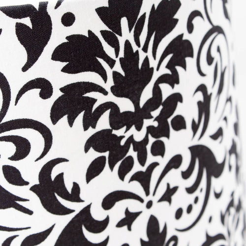 Close-up of an elegant black damask pattern on a white cloth lamp shade designed for Aladdin oil lamps, featured in Lamps & Lighting, Parts and Accessories, Lamp Shades, and Best Sellers collections.