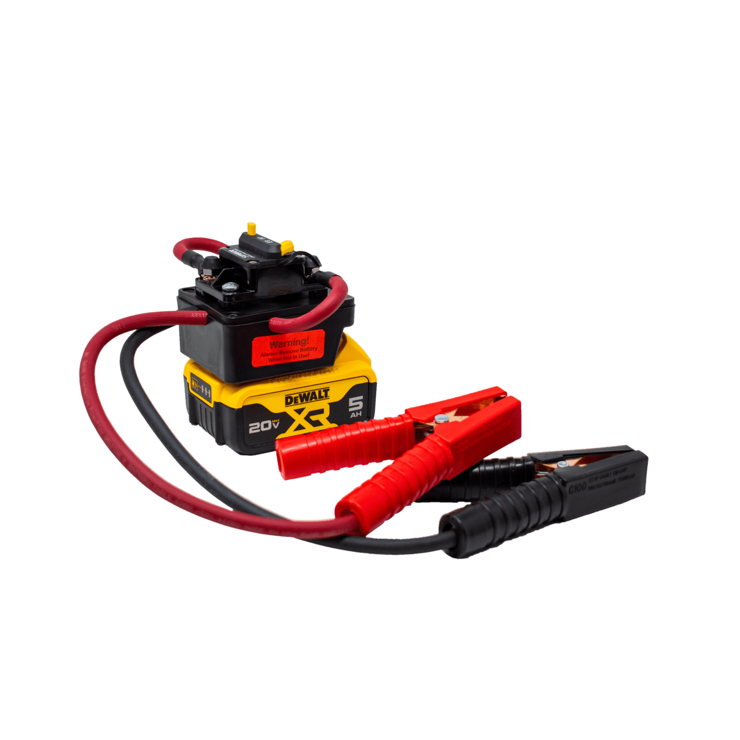Compact battery jump start unit designed for use with Milwaukee and DeWalt tool batteries, featuring heavy-duty clamps and cables, ideal for Farm, Garden & Tool and Hand Tools collections.