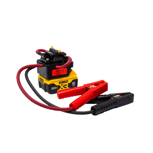 Compact battery jump start unit designed for use with Milwaukee and DeWalt tool batteries, featuring heavy-duty clamps and cables, ideal for Farm, Garden & Tool and Hand Tools collections.