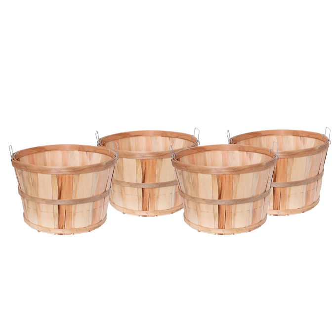 Set of four handcrafted Old-Time Poplar bushel baskets made in USA from untreated poplar wood with metal wire accents, ideal for Farm, Garden & Tool, Garden Accessories, and Best Sellers collections.