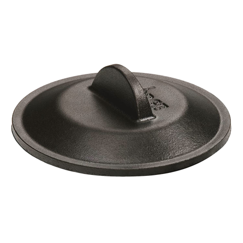 Round black cast iron lid with a sturdy handle, designed for a 5-inch mini skillet; heat-treated for rust resistance and excellent heat retention, ideal for Kitchen & Food, Cookware, Cast Iron, USA Made, Best Sellers, and Promo Eligible collections.