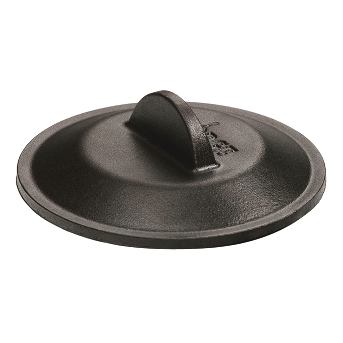 Round black cast iron lid with a sturdy handle, designed for a 5-inch mini skillet; heat-treated for rust resistance and excellent heat retention, ideal for Kitchen & Food, Cookware, Cast Iron, USA Made, Best Sellers, and Promo Eligible collections.