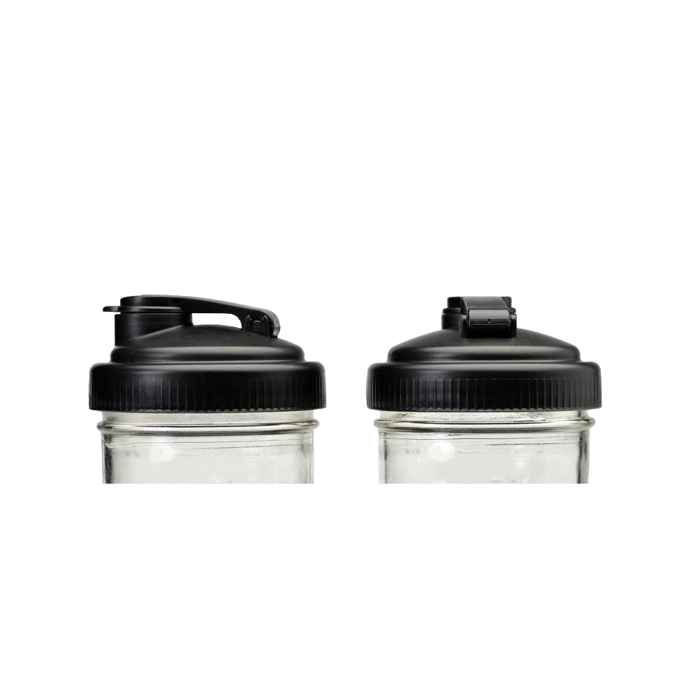 Two black wide-mouth pour lids with flip-top spouts and carry loops made from durable no-break plastic, suitable for Kitchen & Food, Kitchen Gadgets, USA Made, and Best Sellers collections.