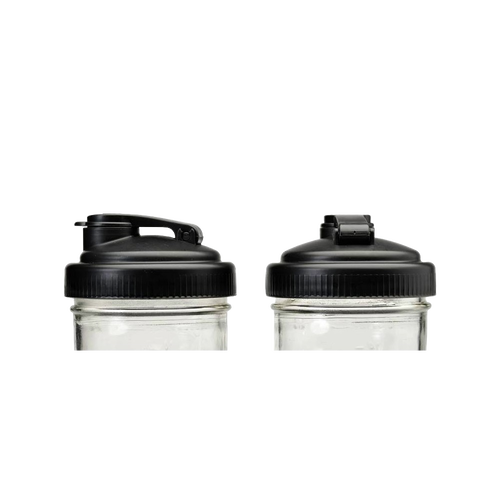 Two black wide-mouth pour lids with flip-top spouts and carry loops made from durable no-break plastic, suitable for Kitchen & Food, Kitchen Gadgets, USA Made, and Best Sellers collections.