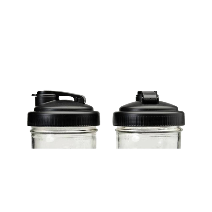 Two black wide-mouth pour lids with flip-top spouts and carry loops made from durable no-break plastic, suitable for Kitchen & Food, Kitchen Gadgets, USA Made, and Best Sellers collections.
