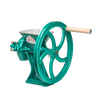 Handcrafted cast iron grain mill with a turquoise finish and wooden handle, designed for kitchen and baking use, featured in Best Sellers and Grain Mills collections.