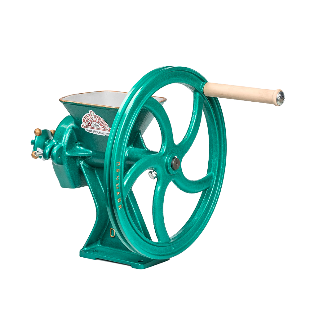 Handcrafted cast iron grain mill with a turquoise finish and wooden handle, designed for kitchen and baking use, featured in Best Sellers and Grain Mills collections.