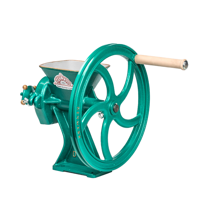 Handcrafted cast iron grain mill with a turquoise finish and wooden handle, designed for kitchen and baking use, featured in Best Sellers and Grain Mills collections.