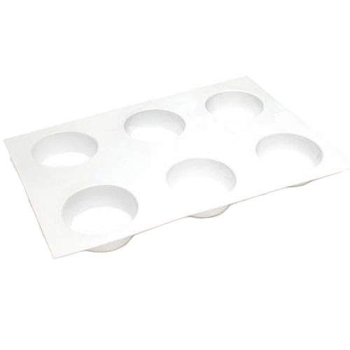 White plastic round soap mold with six cavities, made in USA, ideal for creating 2.5 oz bars, featured in Health & Wellness and Soapmaking Supplies collections.