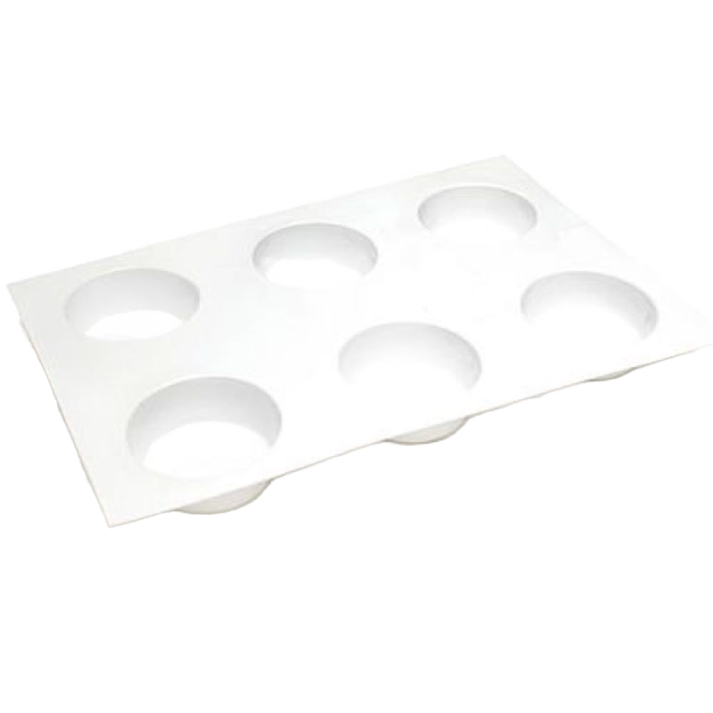 White plastic round soap mold with six cavities, made in USA, ideal for creating 2.5 oz bars, featured in Health & Wellness and Soapmaking Supplies collections.