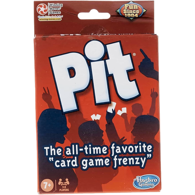 Red and navy card game box featuring bold white "Pit" text and silhouettes of people energetically trading cards, designed for Toys, Books & Games and Table and Board Games collections.