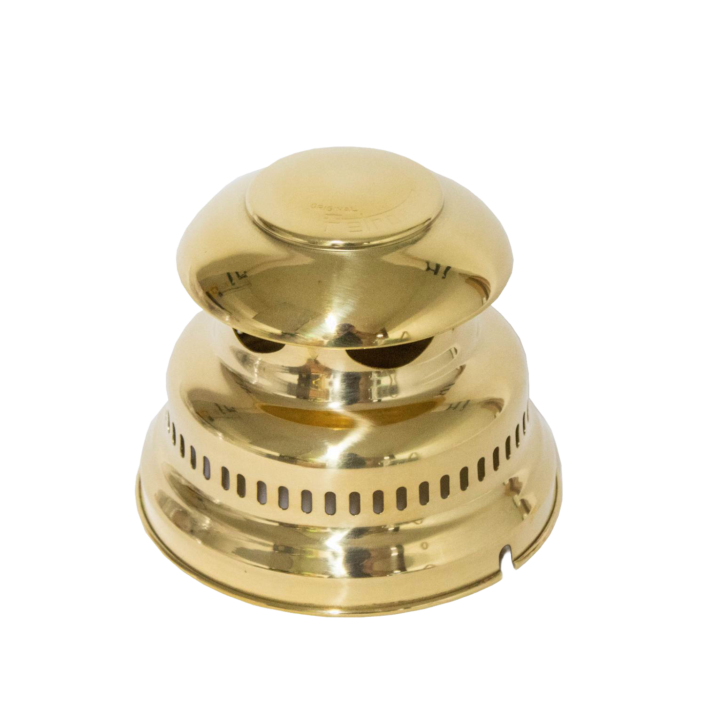 Polished brass hood with ventilation slots and screw attachments for Petromax HK350 and HK500 lamps, designed for fresh airflow and lamp protection in Lamps & Lighting and Best Sellers collections.