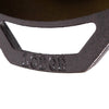 Close-up of a black cast iron skillet handle embossed with the brand name, showcasing durable construction ideal for Kitchen & Food, Cookware, Cast Iron, USA Made, and Best Sellers collections.