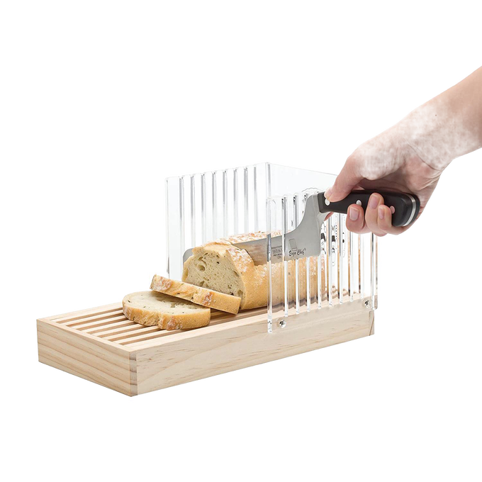 Handcrafted wooden bread slicing guide with clear acrylic panels ensuring even slices, shown in use with a serrated knife cutting fresh bread, ideal for Kitchen & Food and Baking collections.