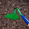 Handcrafted green garden hoe with a sharp edge and blue handle, designed for weeding and soil cultivation, part of Farm, Garden & Tool, Digging and Cultivating, USA Made, Amish Made collections.
