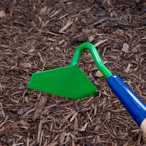 Handcrafted green garden hoe with a sharp edge and blue handle, designed for weeding and soil cultivation, part of Farm, Garden & Tool, Digging and Cultivating, USA Made, Amish Made collections.