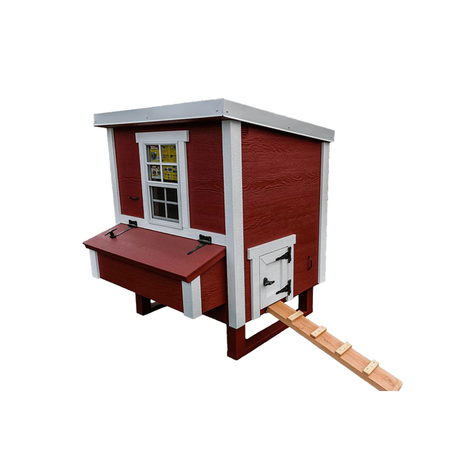 Handcrafted heavy-duty red wooden chicken coop with white trim, featuring a ramp, secure door, window, and nesting box, made in USA for Farm, Garden & Tool, Chicken Accessories, Amish Made, and Best Sellers collections.