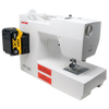 Compact white mechanical sewing machine equipped with a yellow and black tool battery, designed for extended use in sewing and quilting, farm and garden, and homesteading collections.