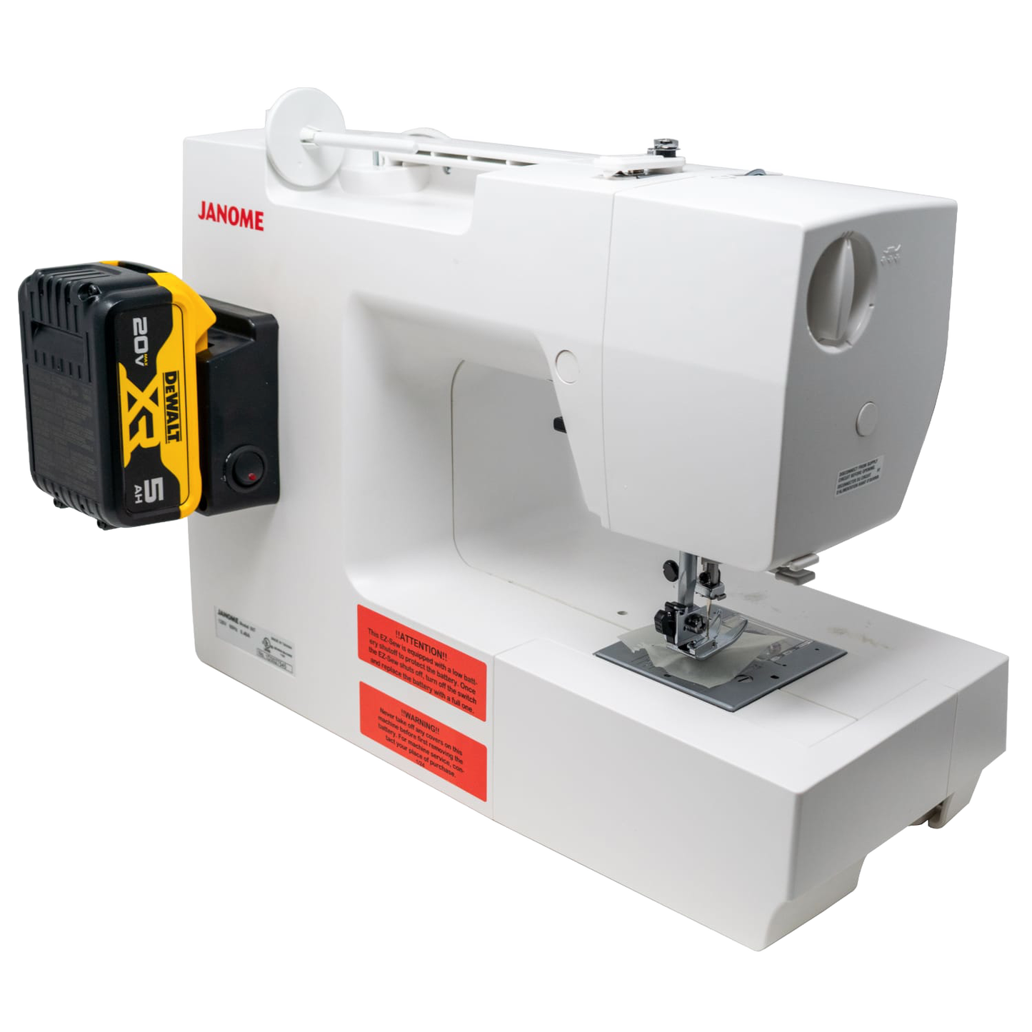 Compact white mechanical sewing machine equipped with a yellow and black tool battery, designed for extended use in sewing and quilting, farm and garden, and homesteading collections.