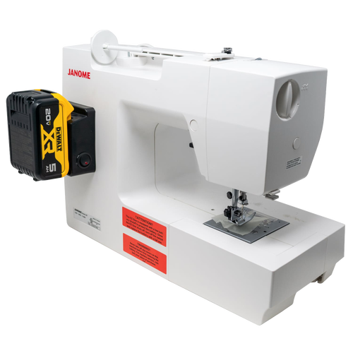 Compact white mechanical sewing machine equipped with a yellow and black tool battery, designed for extended use in sewing and quilting, farm and garden, and homesteading collections.